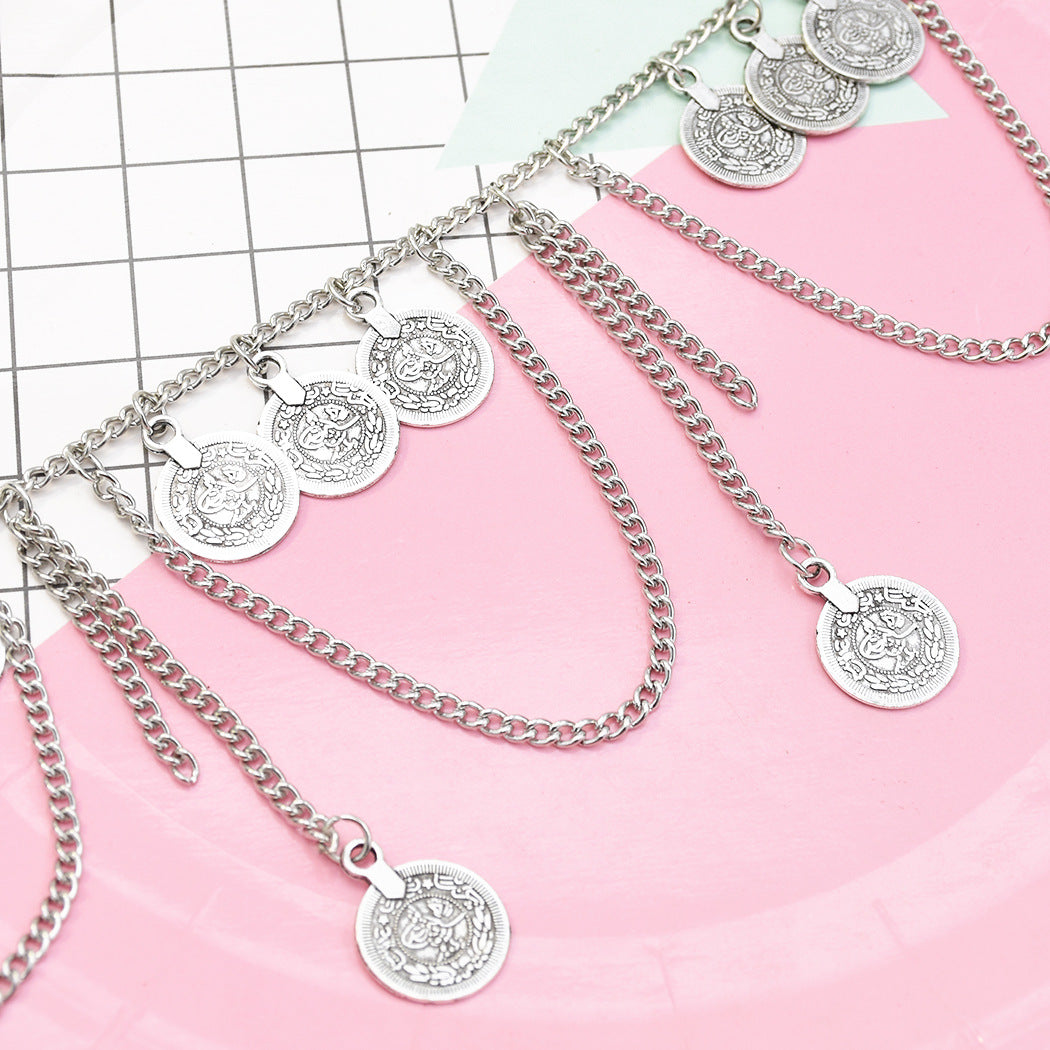 Retro Ethnic Tassel Geometric Coin Long Waist Chain