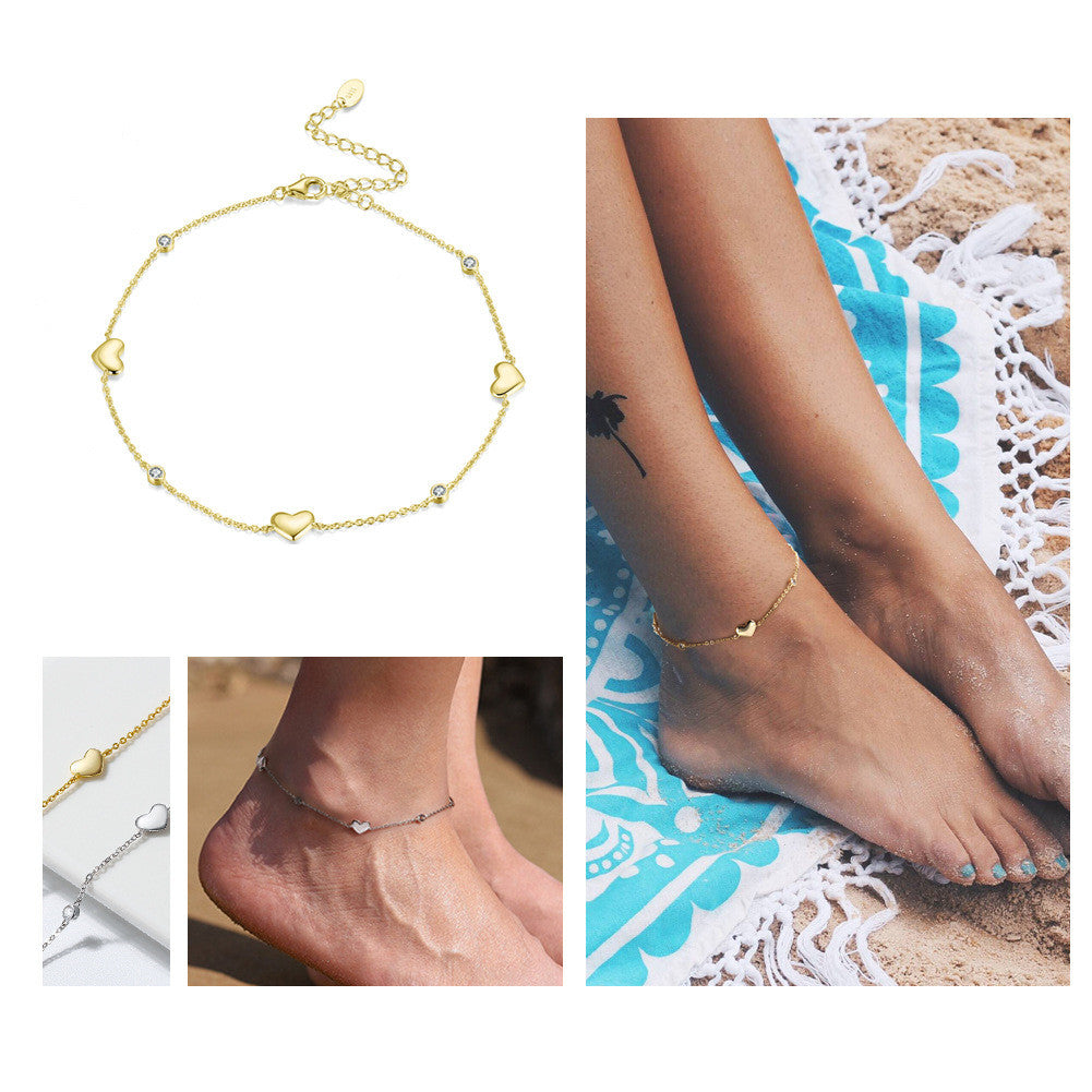 S925 Sterling Silver Anklet Beads Love Heart