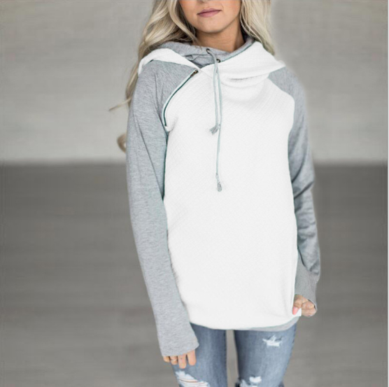 Fall / Winter 2021 Hot Sale Foreign Trade Oblique Zipper Double Cap Splicing Hoodie Sweater Plaid Coat 0591
