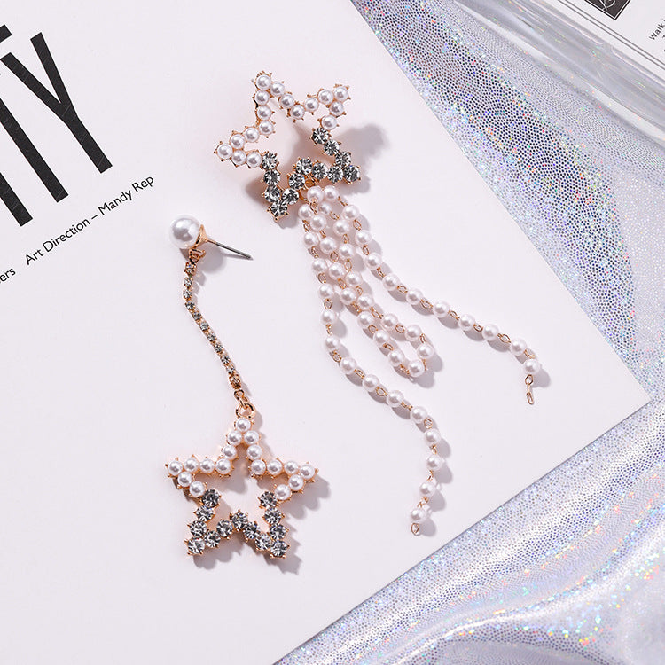 Five-pointed Star Diamond Pearl Asymmetrical Earrings Personality Retro Long Earrings Simple Fringed Female Earrings