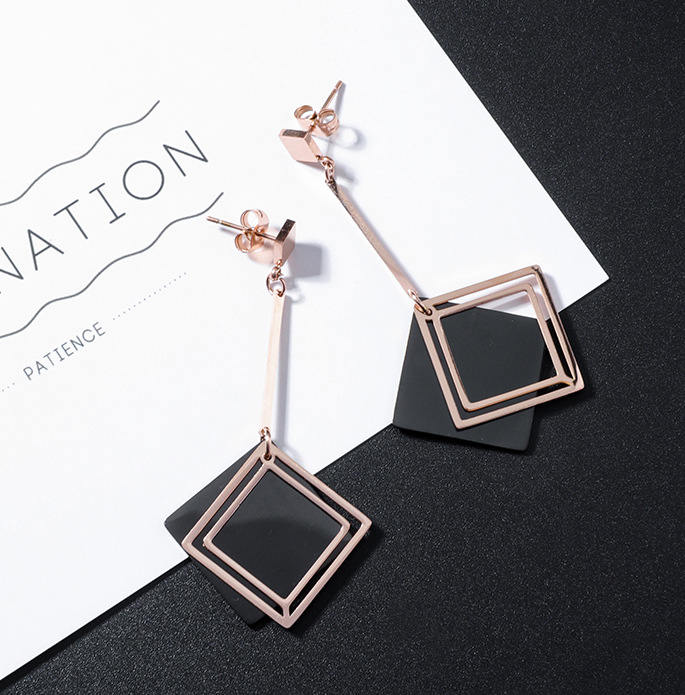 Square Round Titanium Steel Earrings Cool Wind Drill Geometry Wild Tassel Earrings