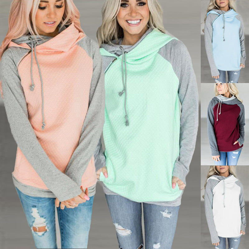 Fall / Winter 2021 Hot Sale Foreign Trade Oblique Zipper Double Cap Splicing Hoodie Sweater Plaid Coat 0591