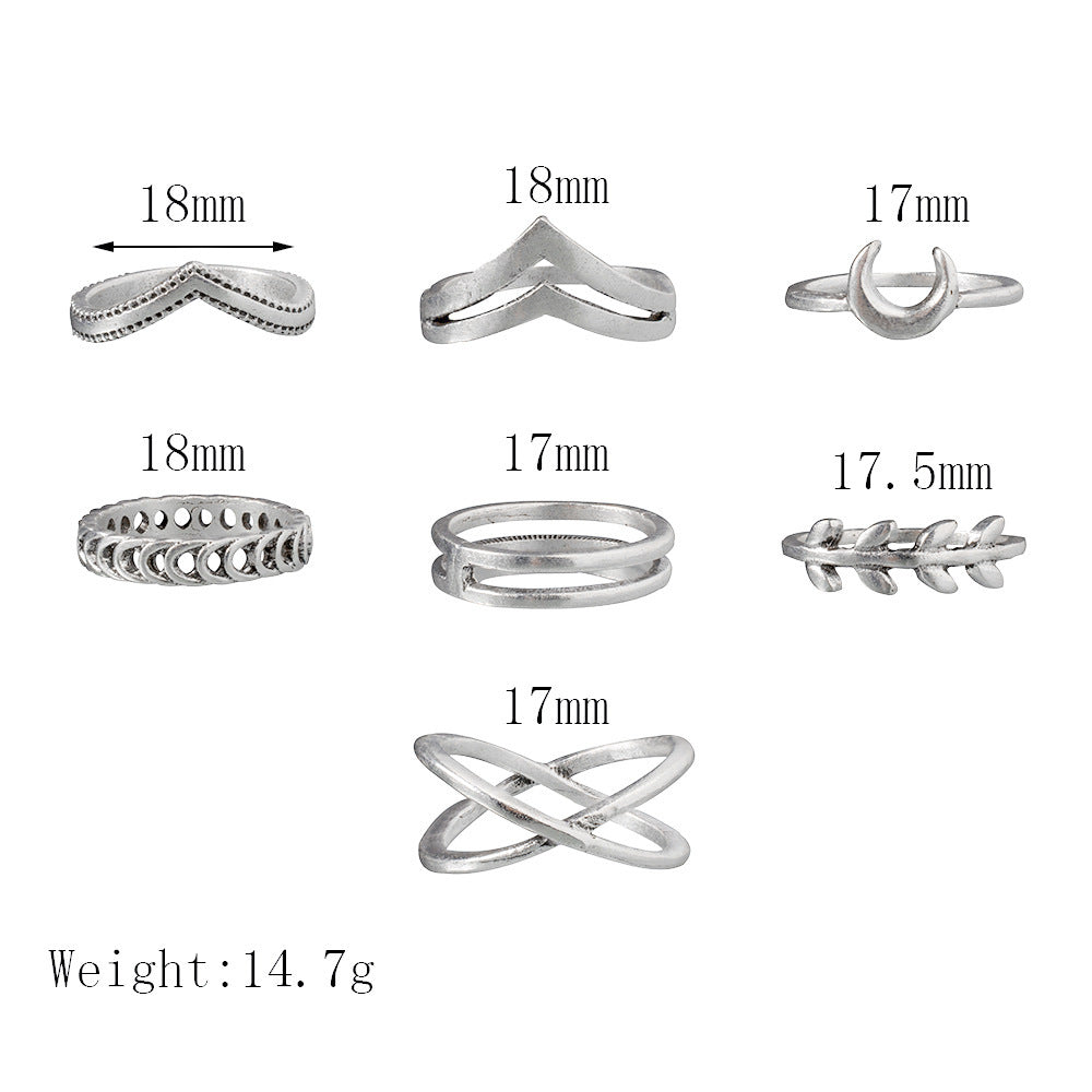 Set of 7 Silver Moon Leaf Rings