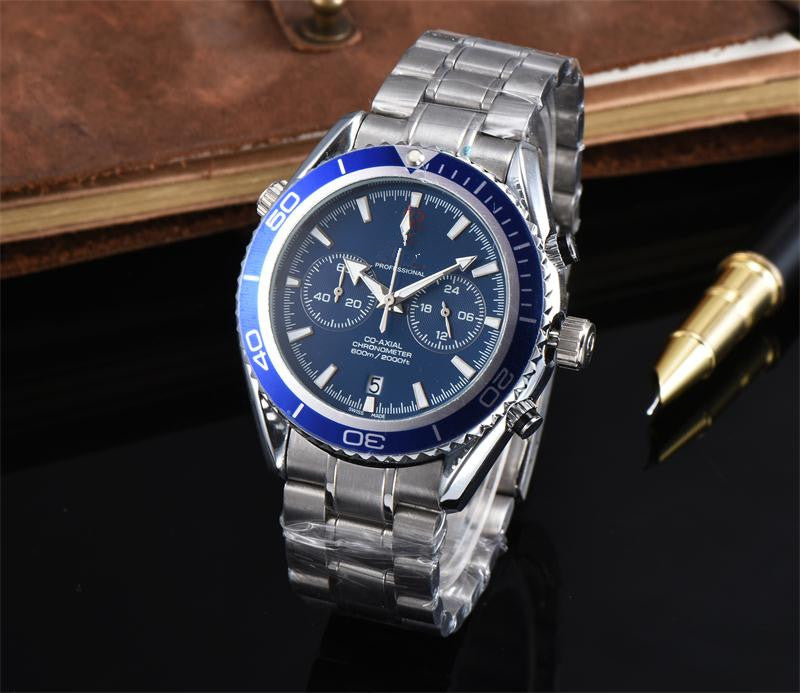 Foreign trade factory spot wholesale 5 needle quartz running stopwatch black casual men's European round watch