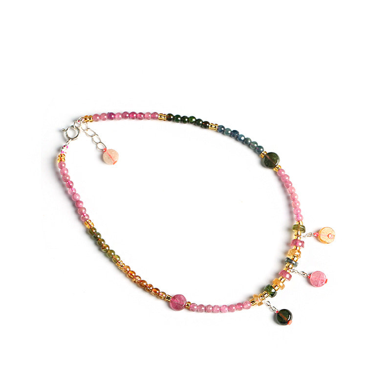 S925 Sterling Silver Small Flat Beads Natural Tourmaline Anklet