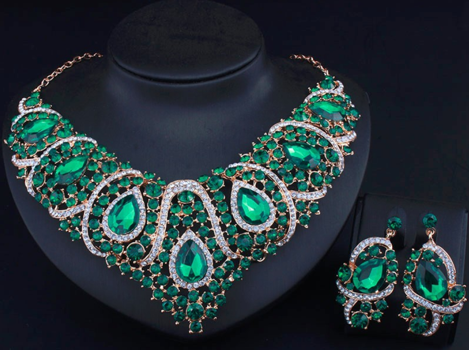 Crystal Rhinestone Necklace Earrings Set Chain African Bridal Jewelry SetStyle