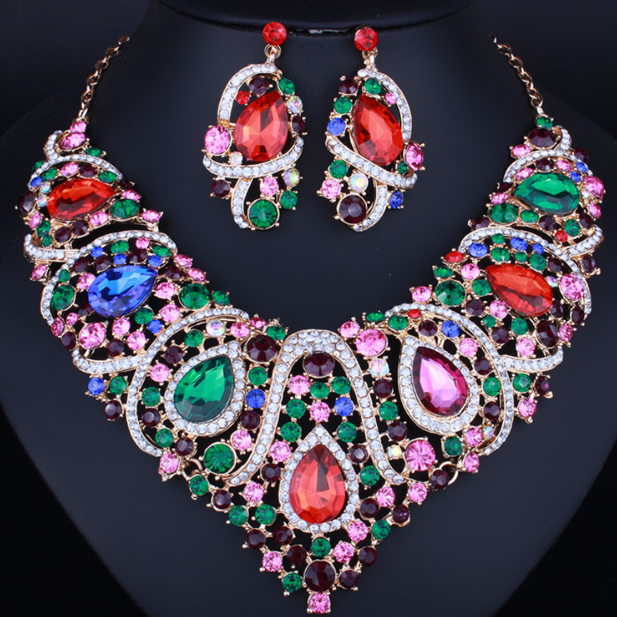 Crystal Rhinestone Necklace Earrings Set Chain African Bridal Jewelry SetStyle