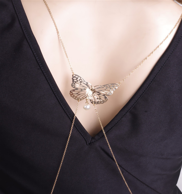 Butterfly pearl drop gem tassel body chain