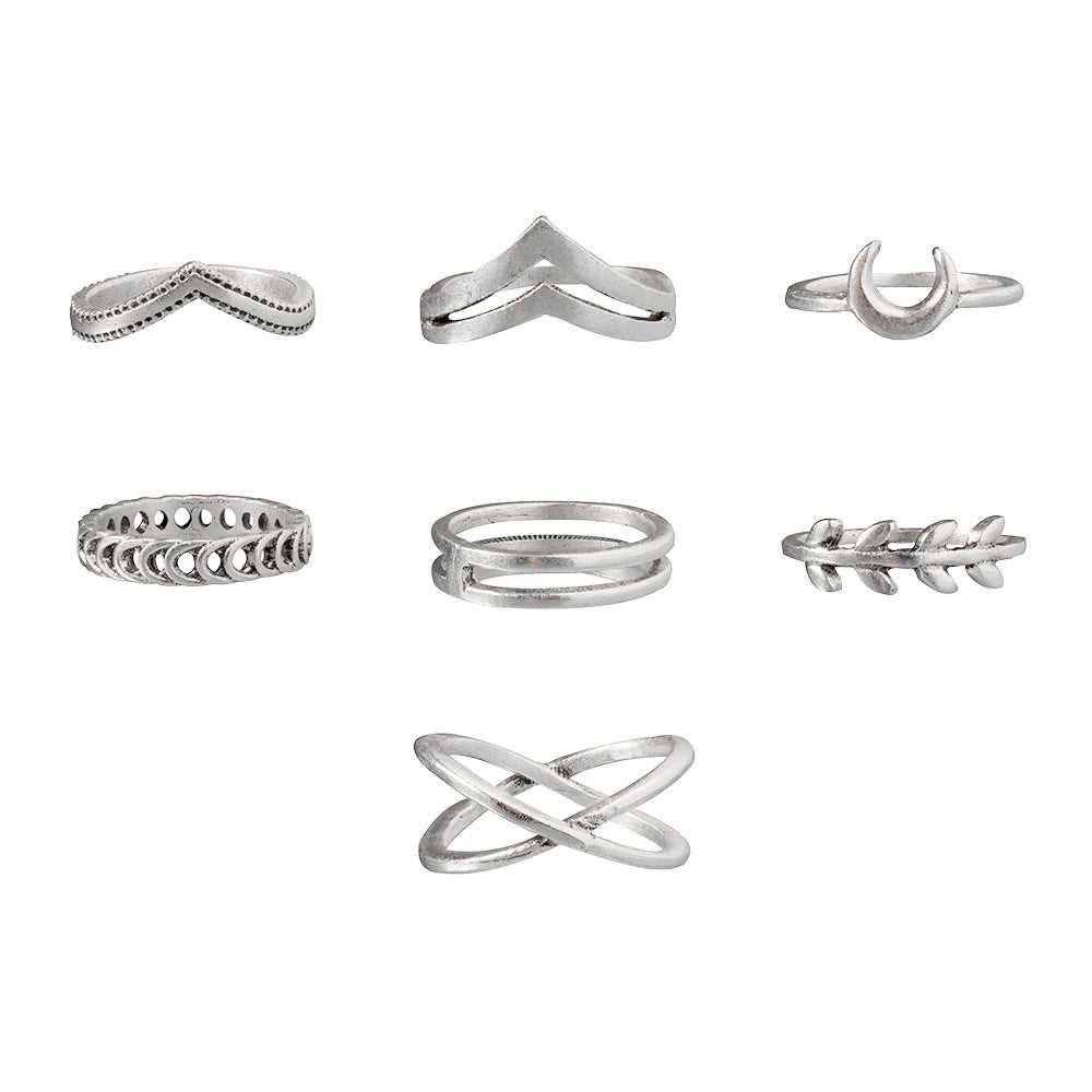Set of 7 Silver Moon Leaf Rings