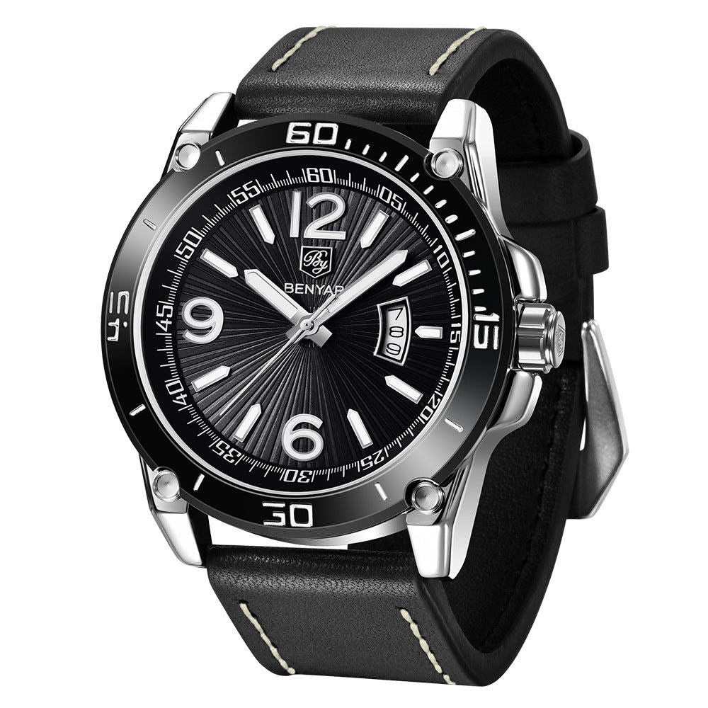 Benyar binya new men s quartz watch multifunctional waterproof luminous fashion sports calendar Leather Watch