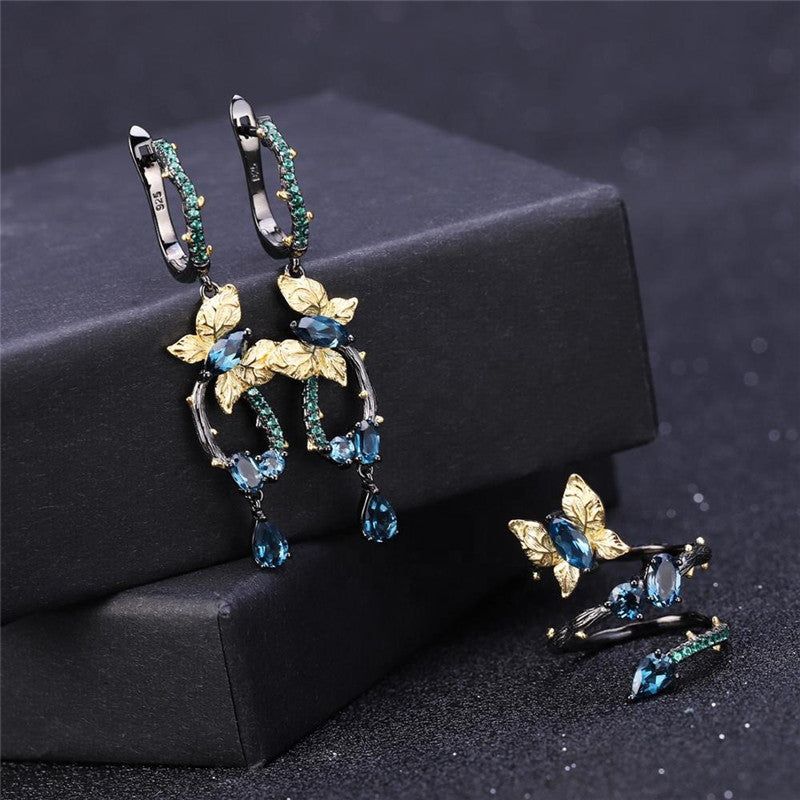 Natural London Blue Topa Earrings 925 Silver Handmade Butterfly Fashion Long Earrings