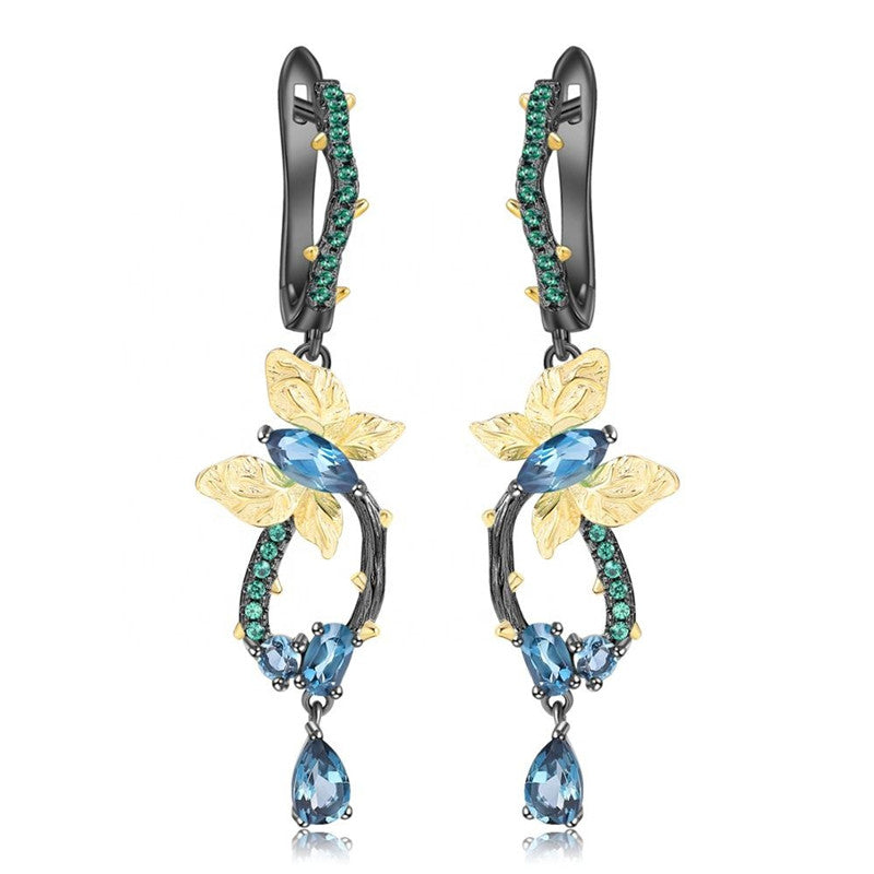 Natural London Blue Topa Earrings 925 Silver Handmade Butterfly Fashion Long Earrings