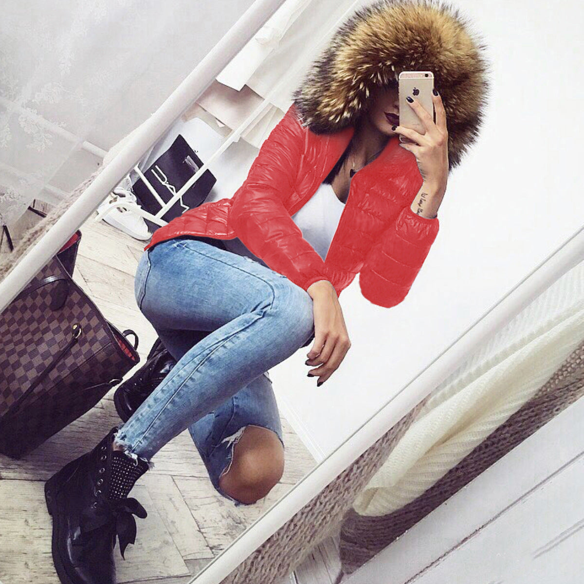 Ladies Flip Hat Warm Cotton Faux Fur Jacket Tops Women Europe and America