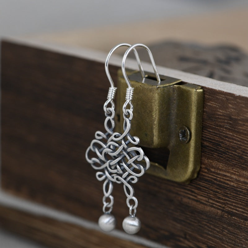 Retro Literary And Artistic Temperament Chinese Knotted Knot Silver Earrings