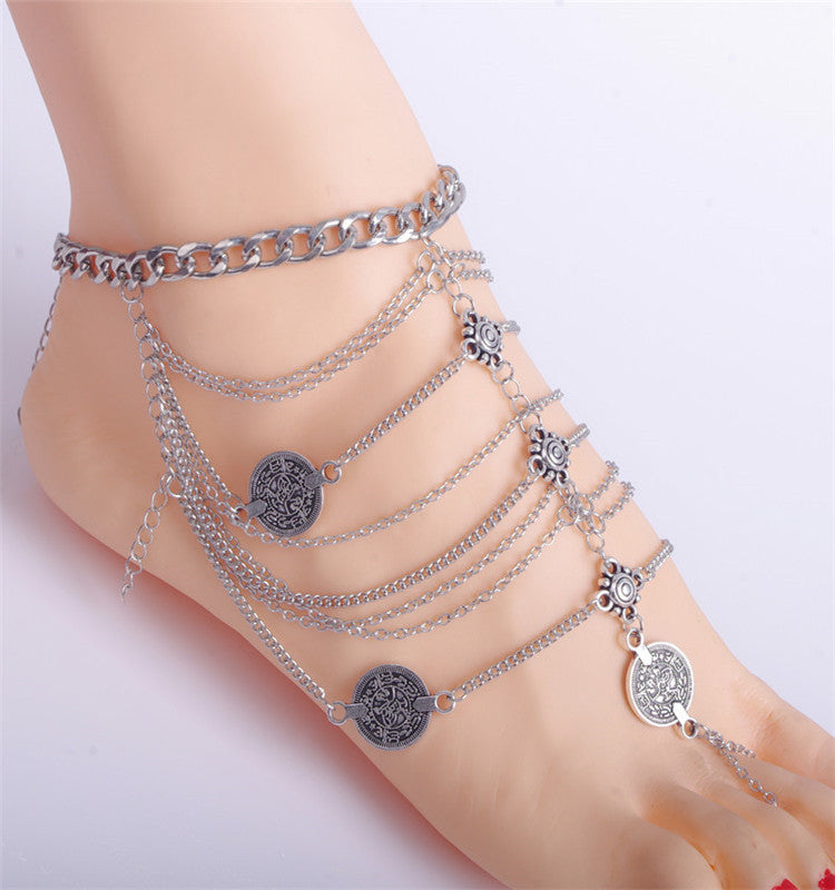 Punk Retro Beach Metal Coin Foot Ornaments Multilayer Tassel Chain Anklet