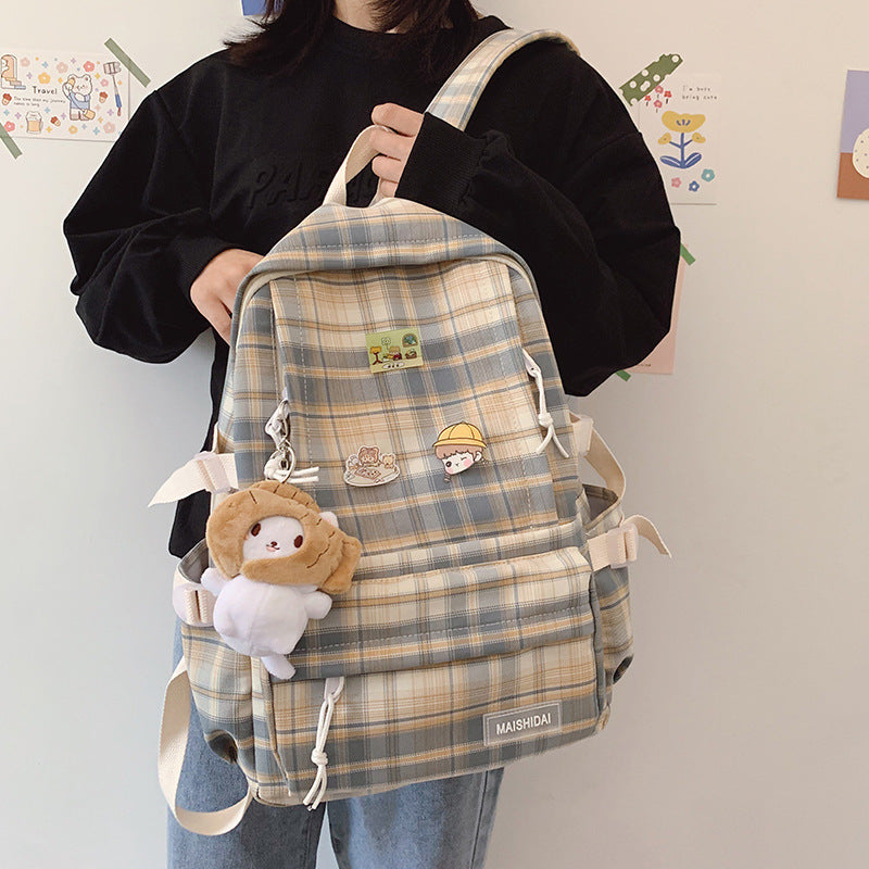 Japanese Plaid Backpack Capacity Students Schoolbag Campus Stripe Style Fashionable Girl Travel Bag