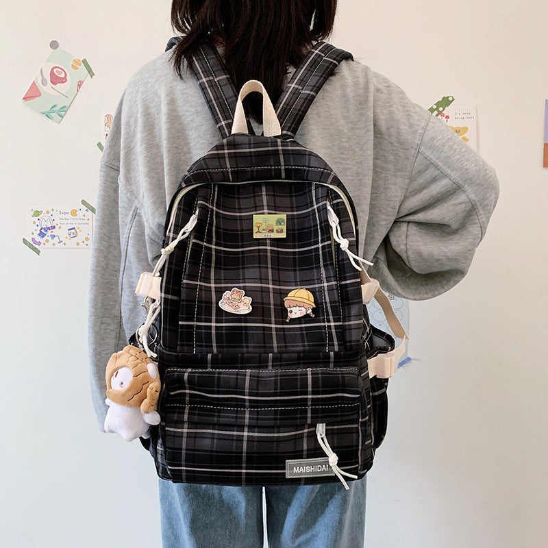 Japanese Plaid Backpack Capacity Students Schoolbag Campus Stripe Style Fashionable Girl Travel Bag