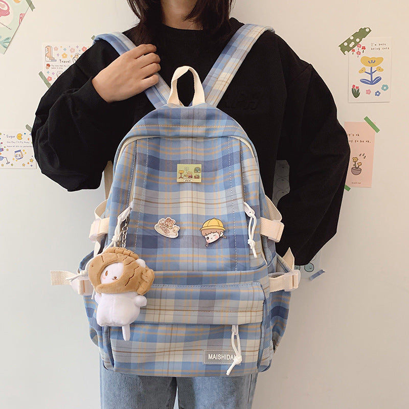 Japanese Plaid Backpack Capacity Students Schoolbag Campus Stripe Style Fashionable Girl Travel Bag