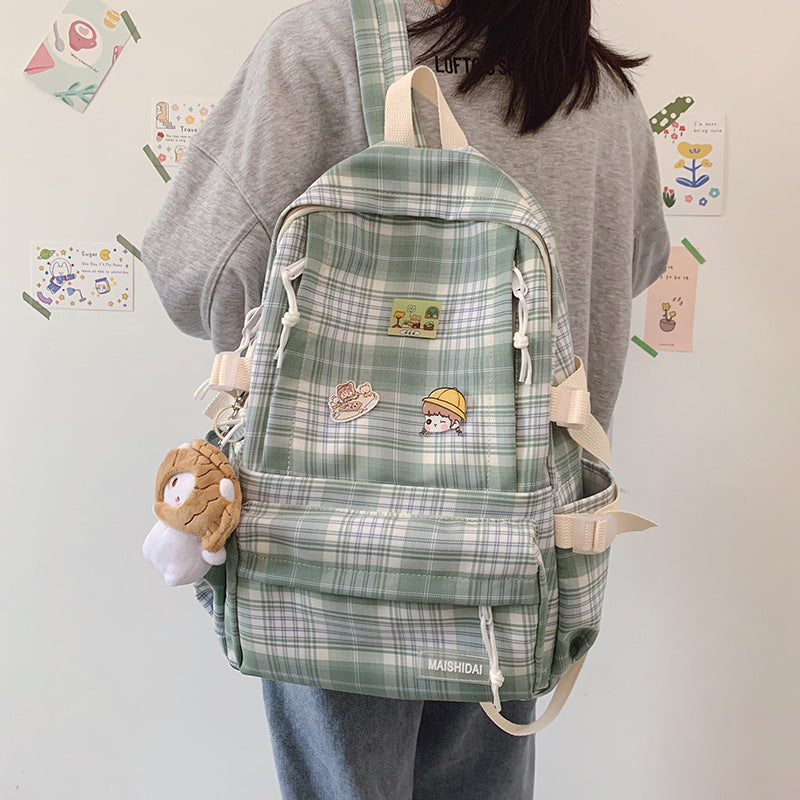 Japanese Plaid Backpack Capacity Students Schoolbag Campus Stripe Style Fashionable Girl Travel Bag