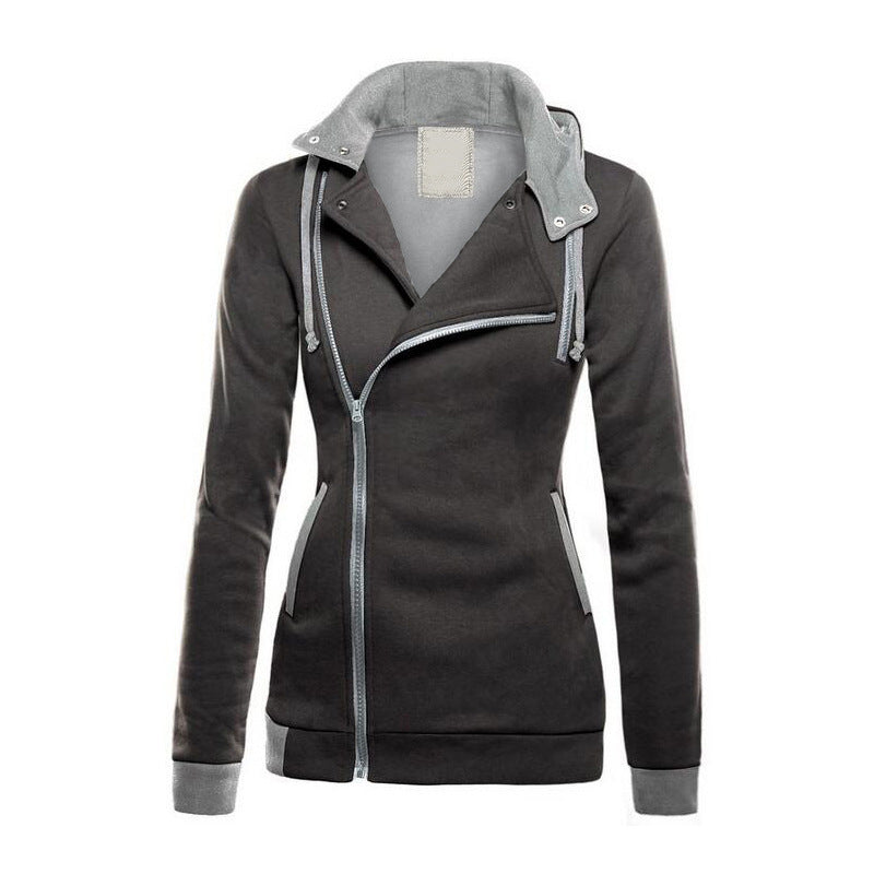 Winter Women's Plus Velvet Diagonal Zipper Sweater Color Matching Hooded Sweater