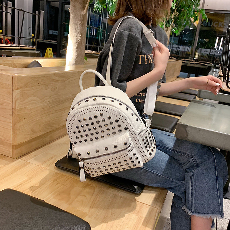 Rivet Soft Leather Sense Solid Color Backpack Casual Ladies Backpack Trend
