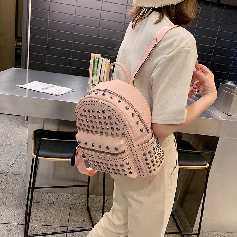Rivet Soft Leather Sense Solid Color Backpack Casual Ladies Backpack Trend