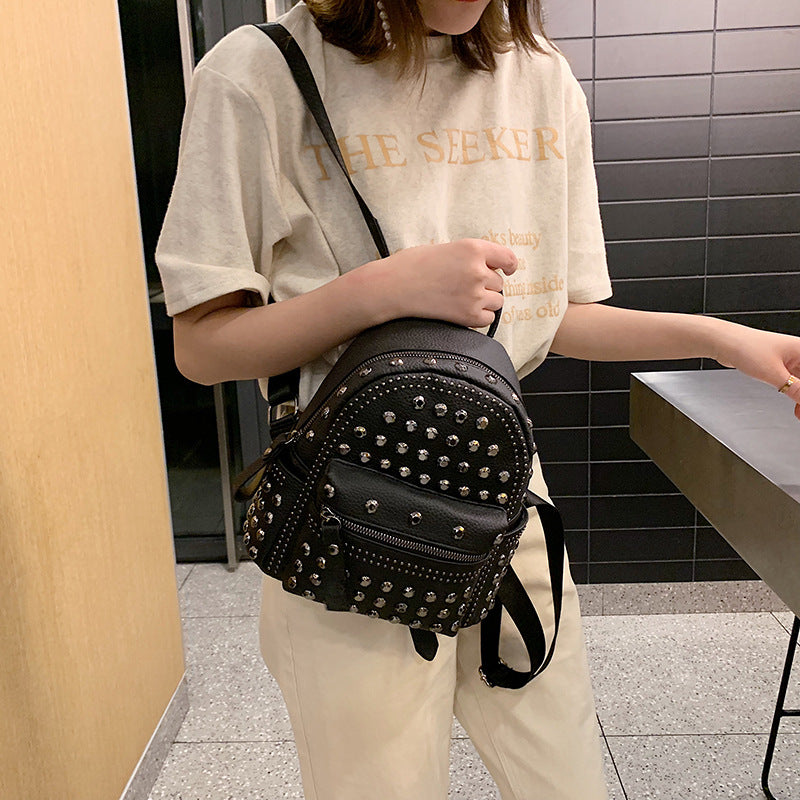 Rivet Soft Leather Sense Solid Color Backpack Casual Ladies Backpack Trend