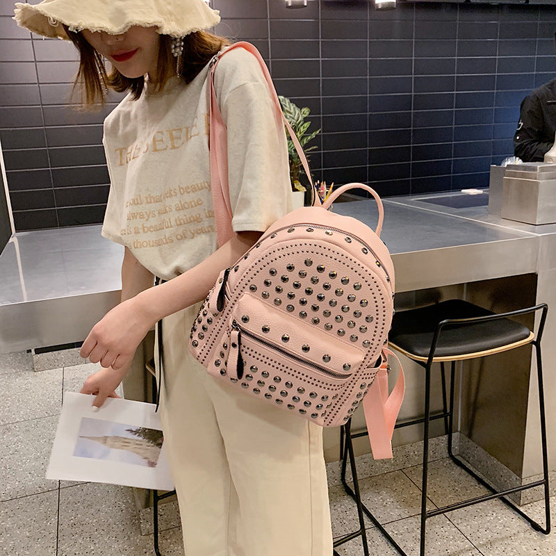 Rivet Soft Leather Sense Solid Color Backpack Casual Ladies Backpack Trend