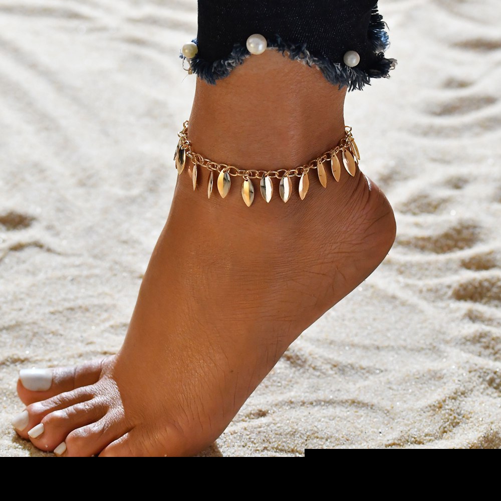 Minimalist Metal Texture Chain Leaf 3 Set Anklet