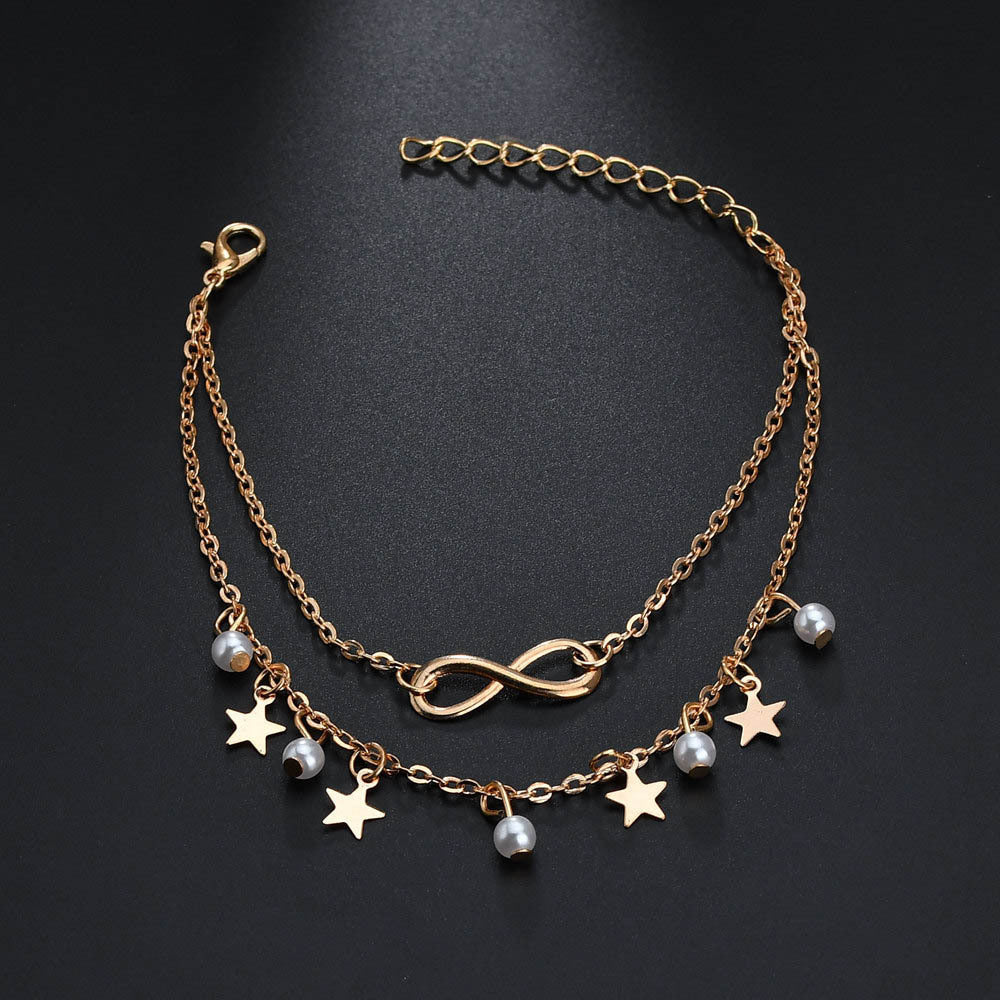 Five-pointed star pearl 8 word anklet