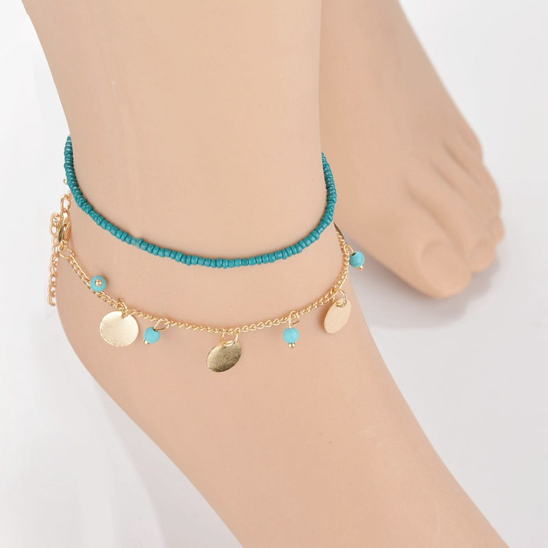 Bohemian Blue Turquoise Beaded Round Beaded Combination Anklet Bracelet