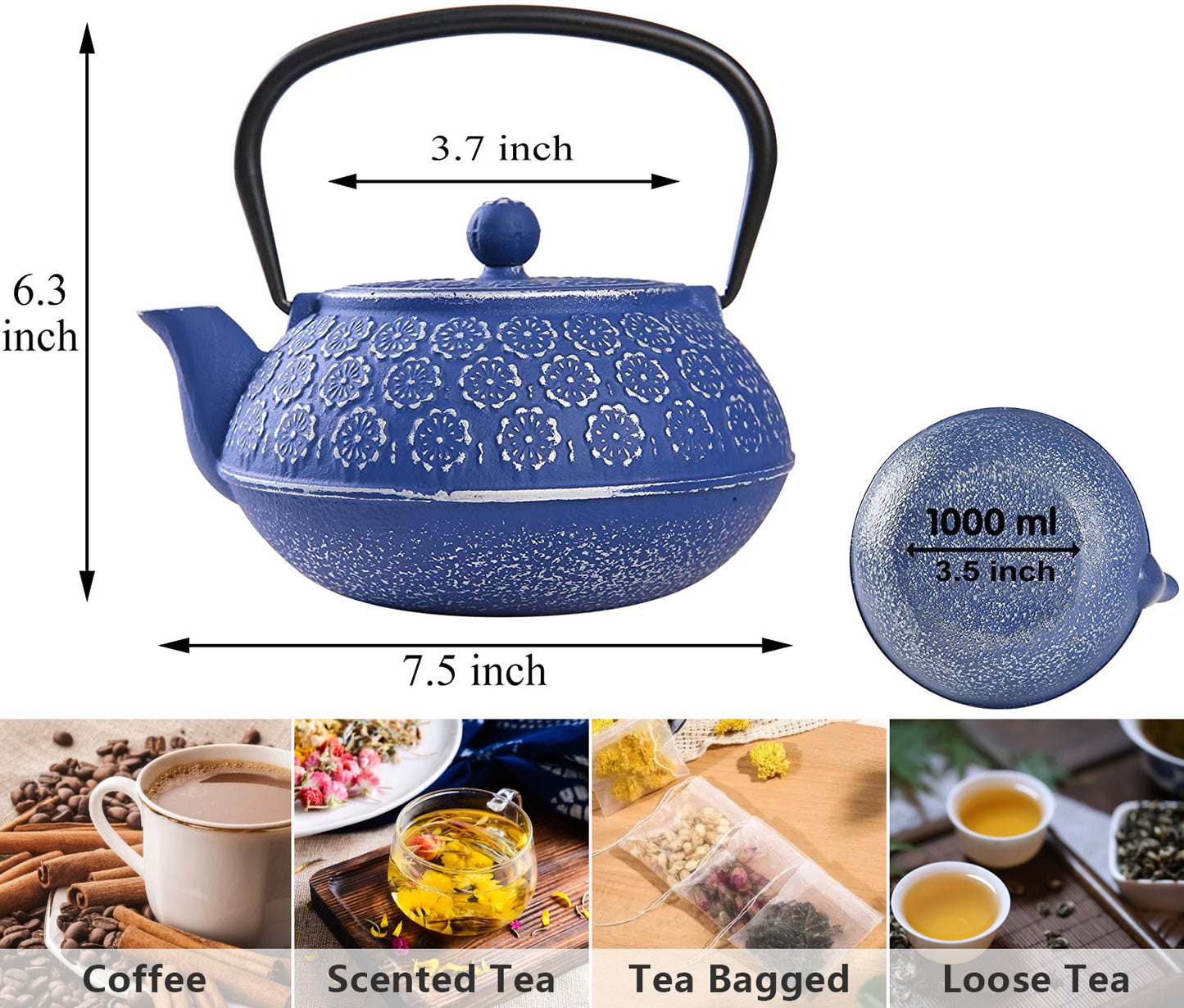 3.5Lbs 34oz Tea Kettle, Japanese -style Cast Iron Teapot With 304 Stainless Steel Infuser For Loose Leaf Tea