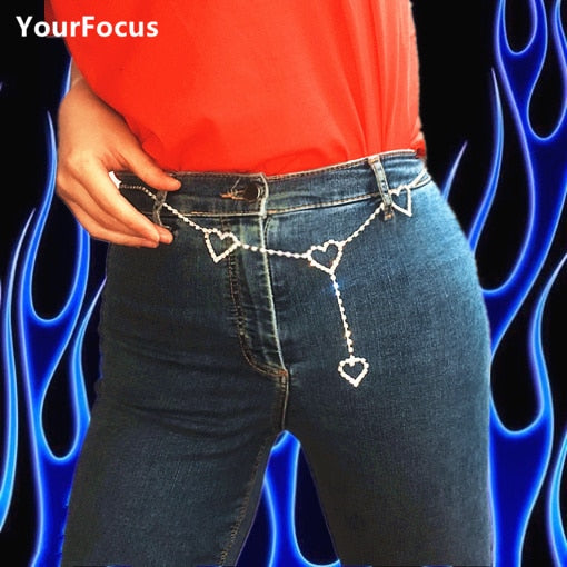 New 90s Vintage Drill Heart Waist Chain Cute Bling Bling Night Club Disco Belt