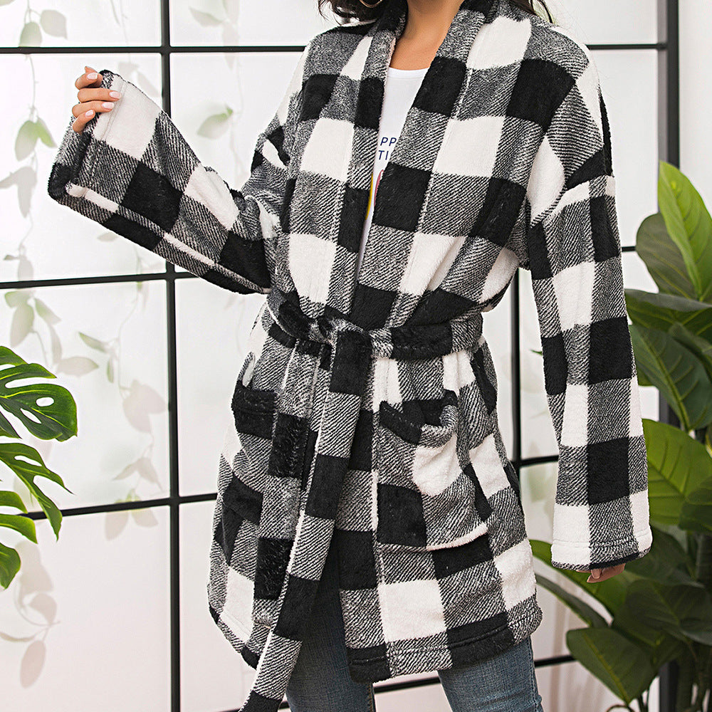 Casual Mid-length Strappy Waist PlaidWomen's Shirt Jacket