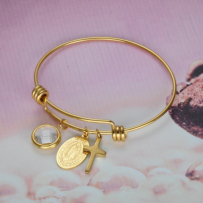 Stainless Steel Virgin Mary Cross Pendant Bracelet
