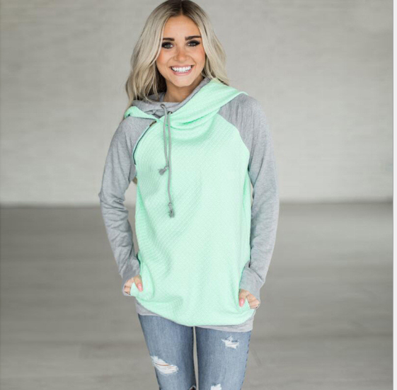 Fall / Winter 2021 Hot Sale Foreign Trade Oblique Zipper Double Cap Splicing Hoodie Sweater Plaid Coat 0591