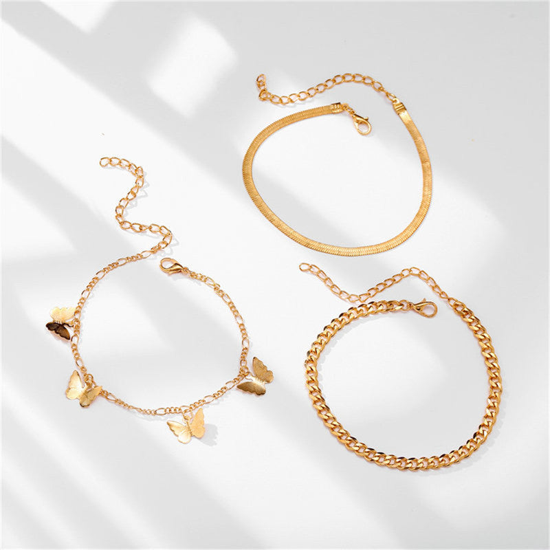 Alloy Metal Leaf Love Simple Personality Anklet Suit Multi-Layer Chain Butterfly Pendant Anklet