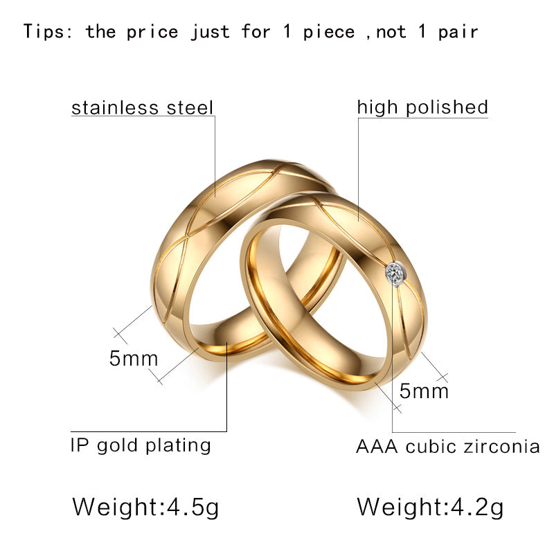 18K stainless steel couple rings with zircon