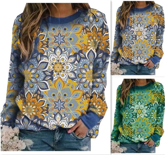Ladies printed round neck long sleeve pullover sweater