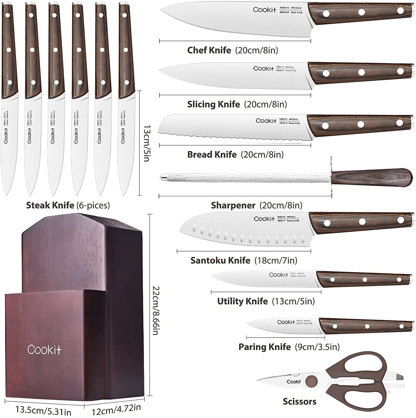 Kitchen Knife Sets, 15 Piece Knife Sets with Manual Sharpener