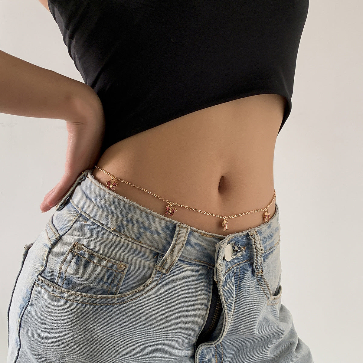 Simple Butterfly Micro-inlaid Tassel Waist Chain Female Sexy Beach Ins Sweet Cool Body Chain