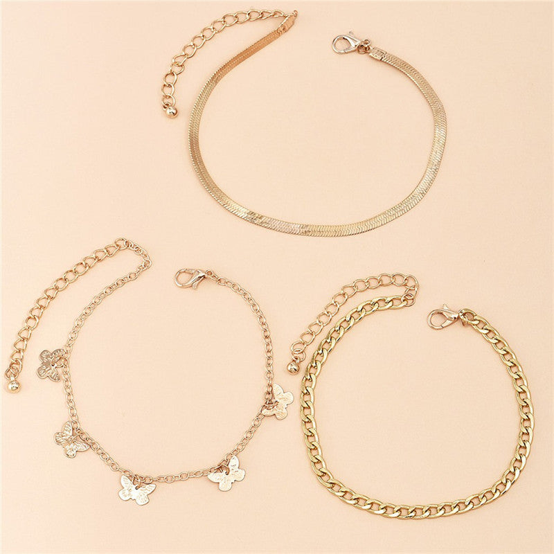 Alloy Metal Leaf Love Simple Personality Anklet Suit Multi-Layer Chain Butterfly Pendant Anklet