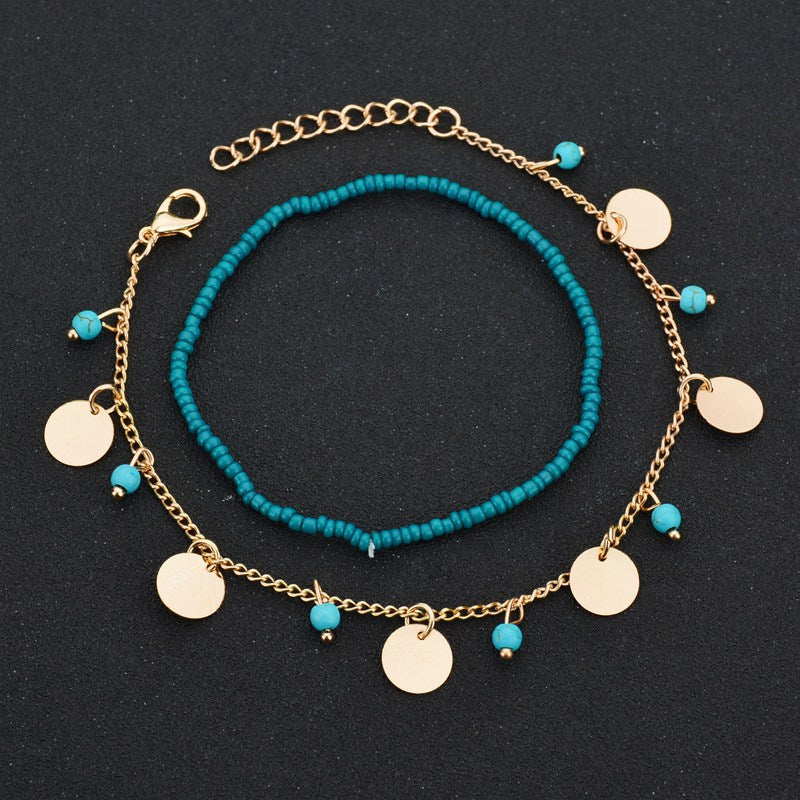 Bohemian Blue Turquoise Beaded Round Beaded Combination Anklet Bracelet