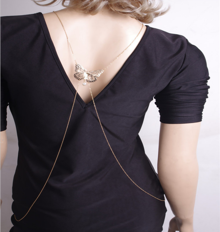 Butterfly pearl drop gem tassel body chain