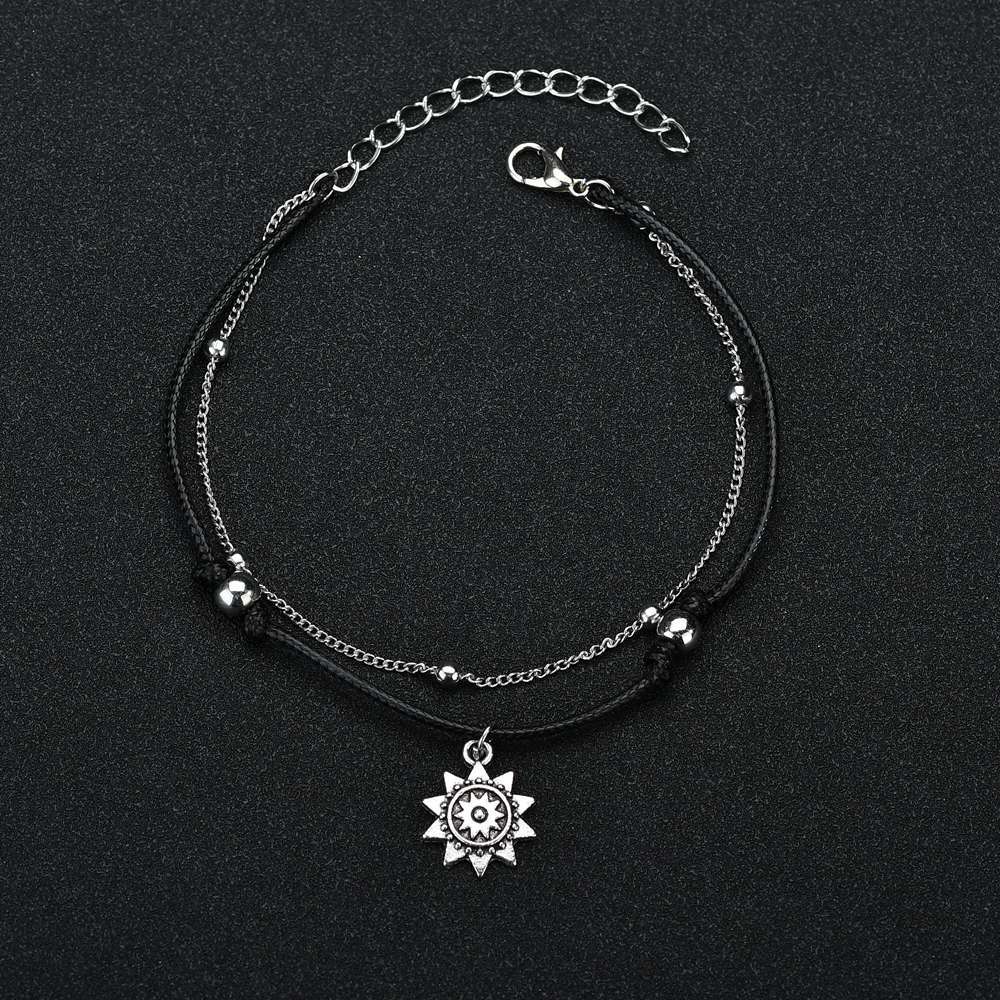 Double Ancient Silver Alloy Sun Pendant Anklet