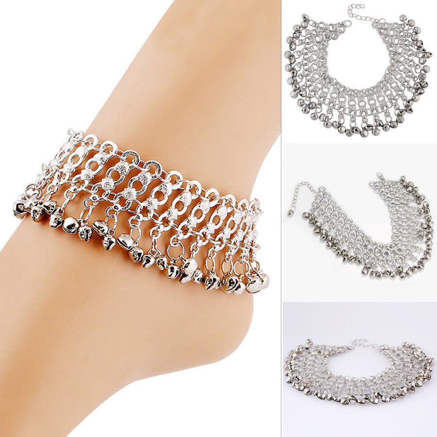Silver Bell Wide Multilayer Anklet Bracelet
