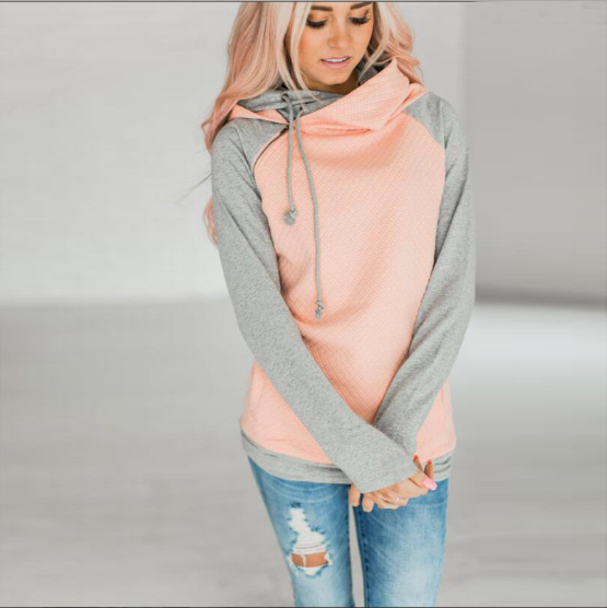 Fall / Winter 2021 Hot Sale Foreign Trade Oblique Zipper Double Cap Splicing Hoodie Sweater Plaid Coat 0591