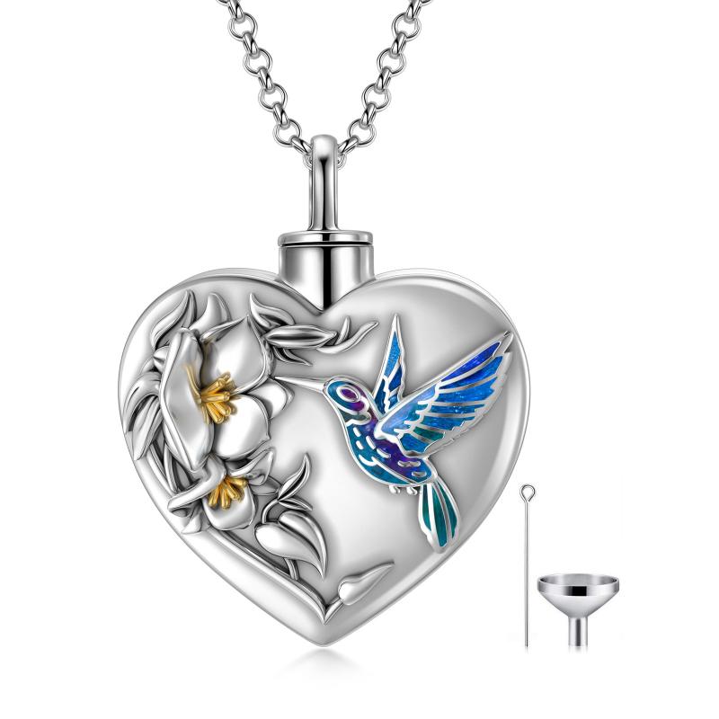 Hummingbird Flower Cremation Urn Necklace for Human Ashes 925 Sterling Silver Heart Keepsake Memorial Locket Holder Jewelry Gift