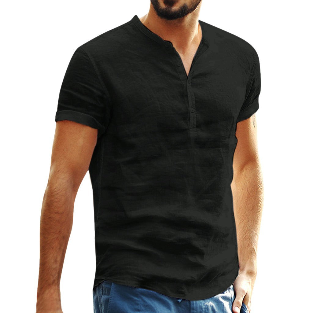 Stand-up collar cotton and linen short-sleeved shirt