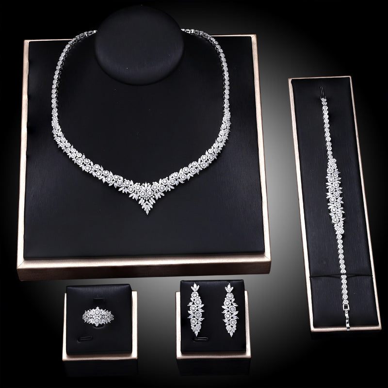 Popular Bridal Copper Zircon Necklace And Earrings Set Of 4